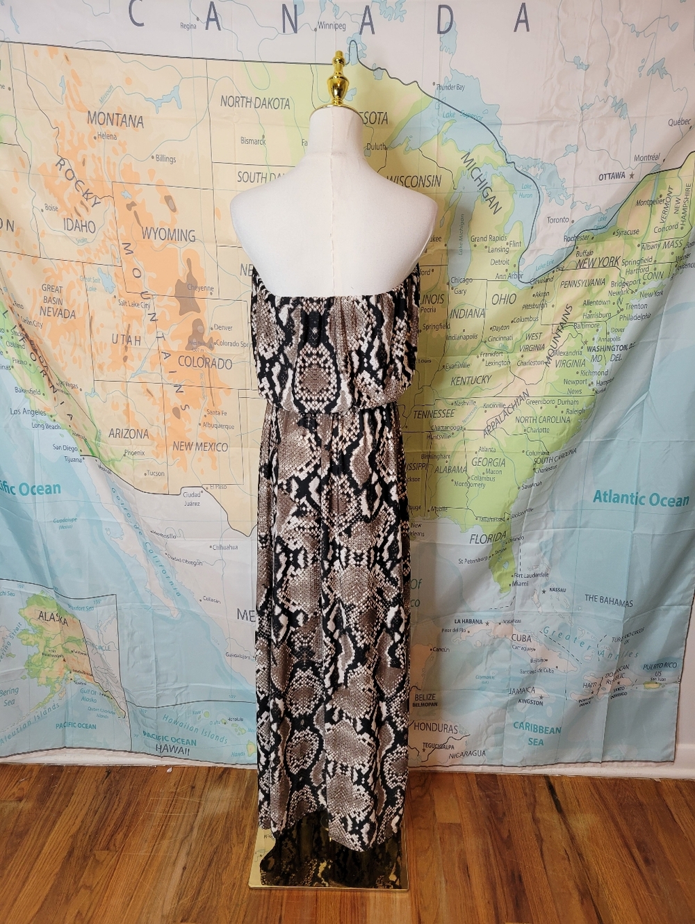 Blooming Rose Strapless Snake Print Maxi Dress in Brown and Black - Picture 6 of 15